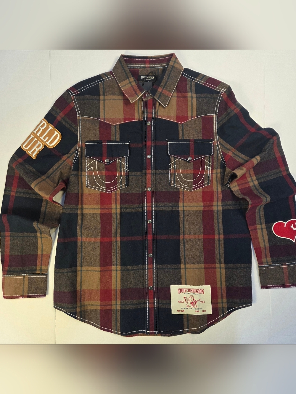 True Religion Plaid Button-Down Shirt in Navy, Brown & Red